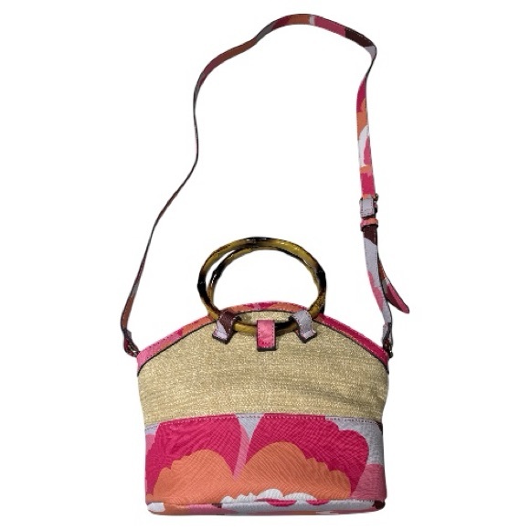 Trina Turk Rainbow Petals Floral Straw Satchel Crossbody Bag Bamboo Handles - Picture 4 of 10